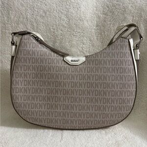 DKNY Beige Taupe Logo-Print Crescent Shoulder Bag with Cream Trim